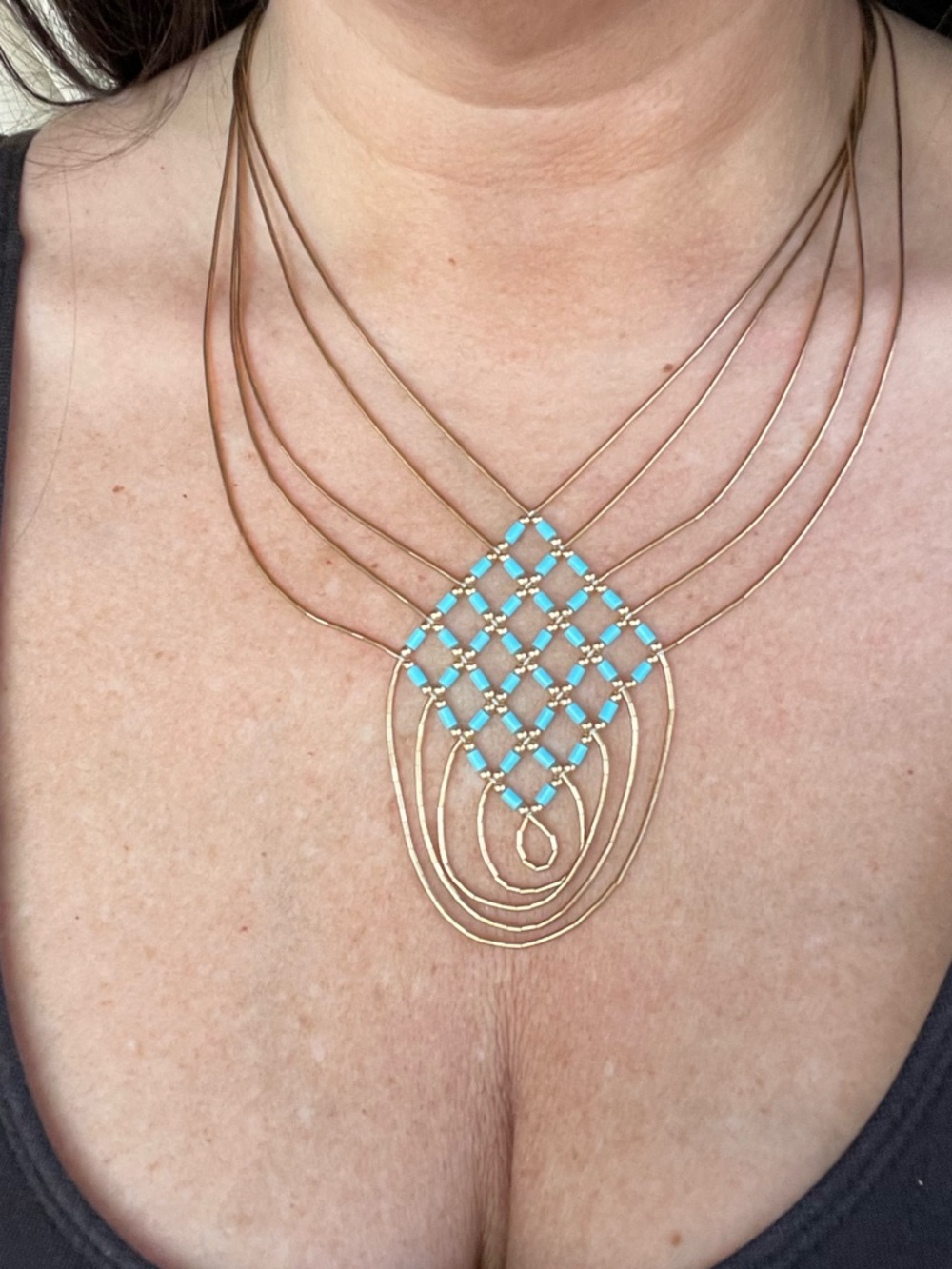 Vintage Turquoise Multi Strand Gold Filled Statement Necklace